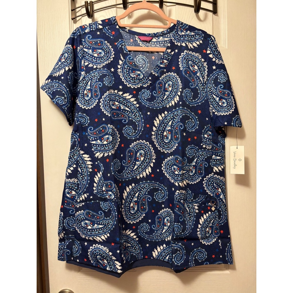Vera Bradley Navy Paisley Star V-Neck Scrub Top V6417A FPN LG New